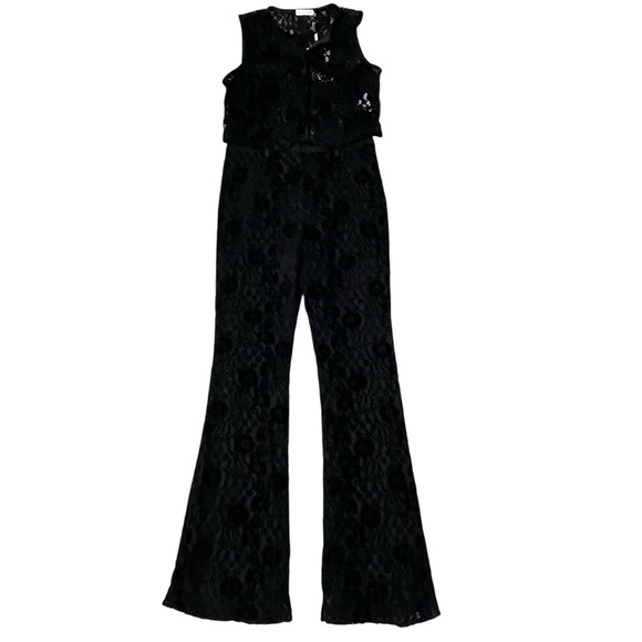 Avec Les Filles Black Lace Two Piece Suit Set Luxe Chic Vest Flared Pants Small - Picture 3 of 11